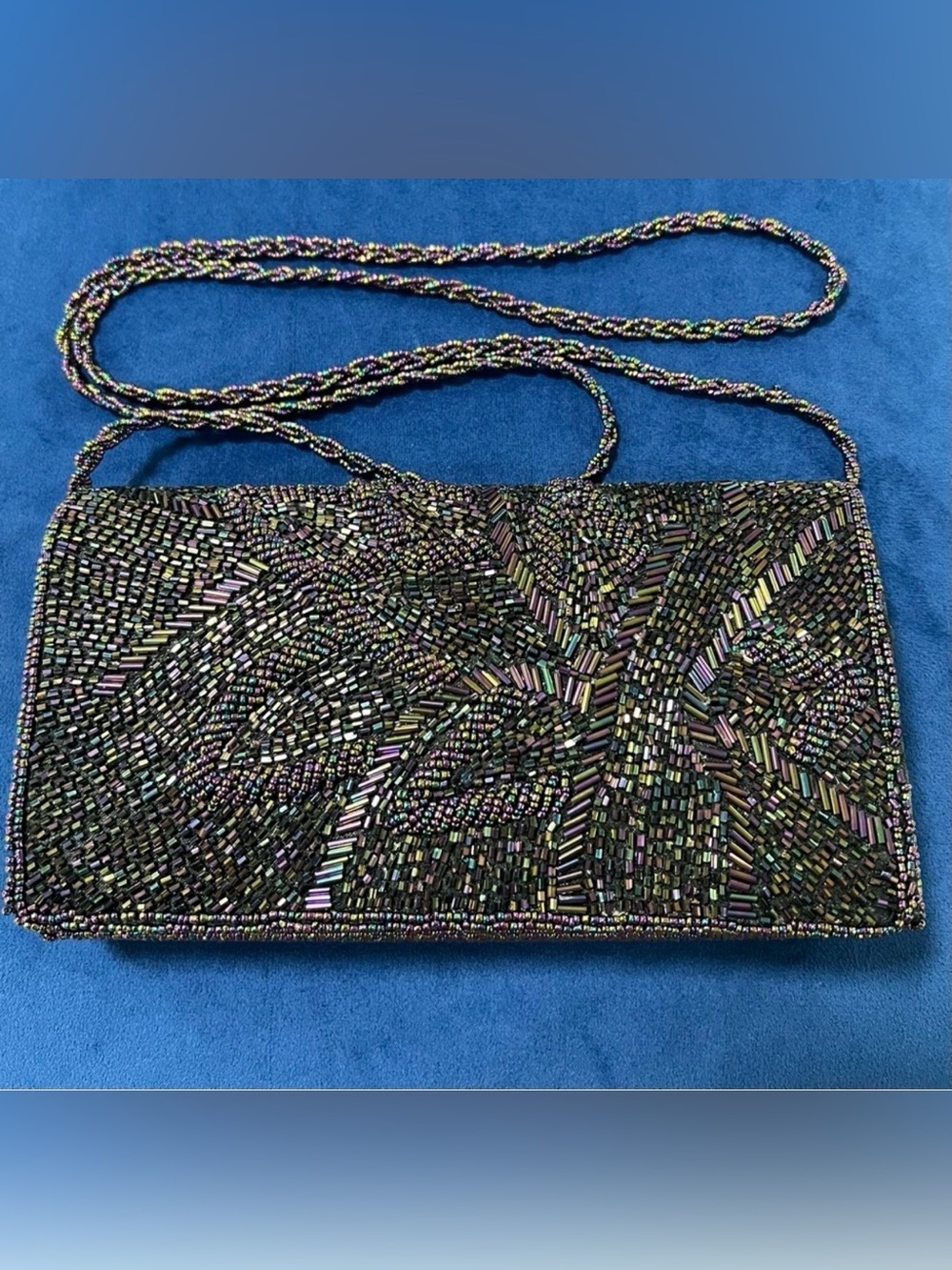 VTG Black Iridescent Beaded Evening Bag Clutch/Crossbody Purse 90s multi color
